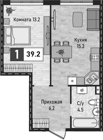 1-комн., 39.2 м², 1/10 этаж, ЖК «Живописный»