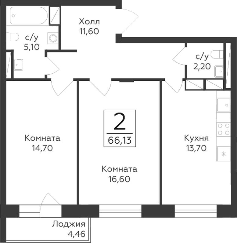 2-комн., 63.9 м², 5/17 этаж, ЖК «Малаховский»