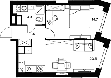 2-комн., 43.6 м², 19/46 этаж, ЖК «НЕКСУС от Аквилон»