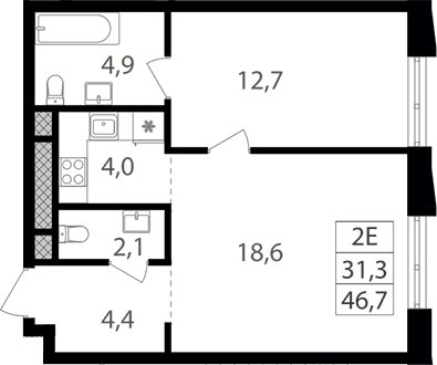 2-комн., 46.7 м², 16/26 этаж, ЖК «Семеновский парк 2»