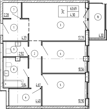 2-комн., 63.69 м², 7/9 этаж, ЖК «Лучи»