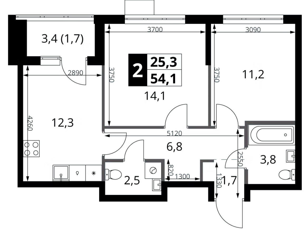 2-комн., 52.4 м², 11/16 этаж, ЖК «1-й Ясеневский»