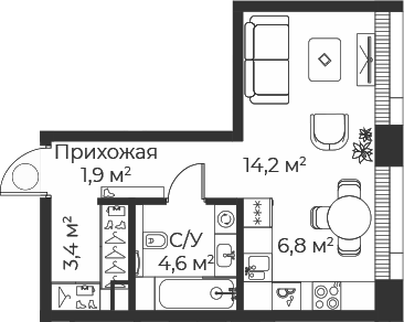 Студия, 30.9 м², 15/35 этаж, ЖК «Веер»