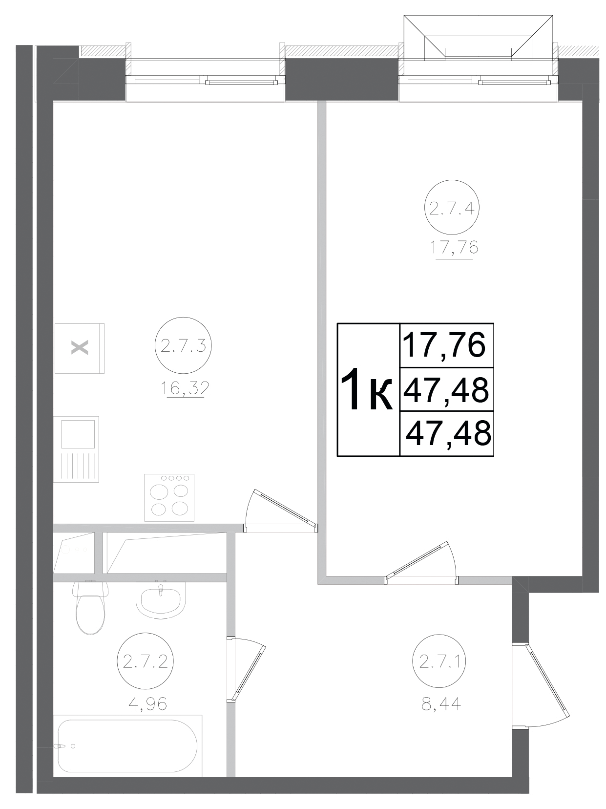 1-комн., 47.48 м², 16/17 этаж, ЖК «Авиатор-2»