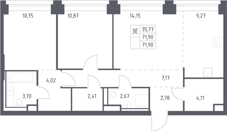 3-комн., 71.9 м², 8/32 этаж, ЖК «НОВА»