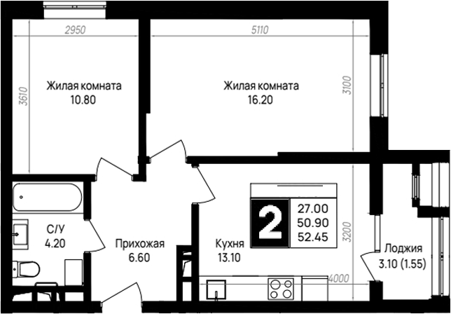 2-комн. квартира, 50.9 м² в ЖК На высоком берегу — фото 2