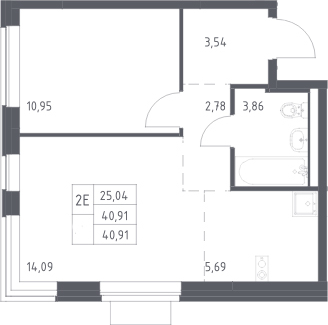 2-комн., 40.91 м², 14/17 этаж, ЖК «Новое Видное»
