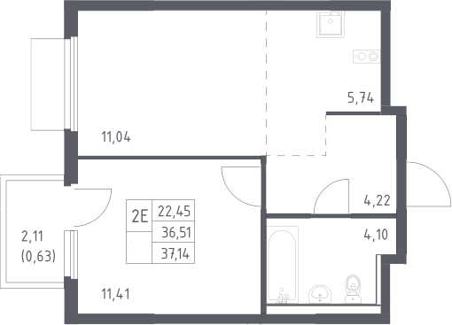 2-комн., 36.51 м², 13/17 этаж, ЖК «Пригород Лесное»