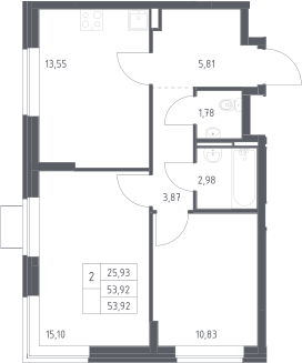 2-комн., 53.92 м², 11/12 этаж, ЖК «Богдановский лес»