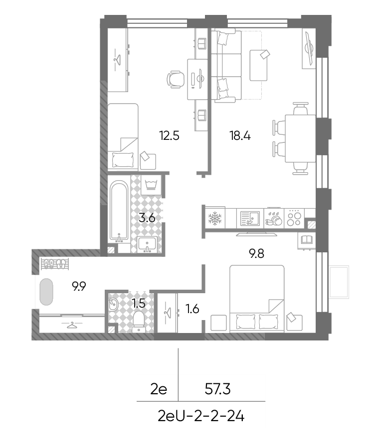 3-комн., 57.3 м², 22/24 этаж, ЖК «Лучи»