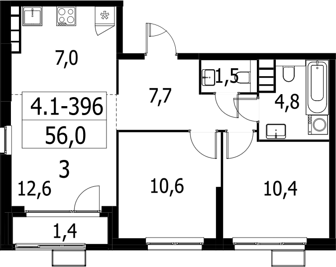 3-комн., 54.6 м², 27/30 этаж, ЖК «Южные сады»