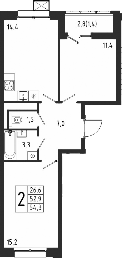 2-комн., 52.9 м², 9/10 этаж, ЖК «Берег»
