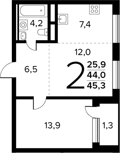 2-комн., 44 м², 11/13 этаж, ЖК «Новые Ватутинки Квартал у реки»