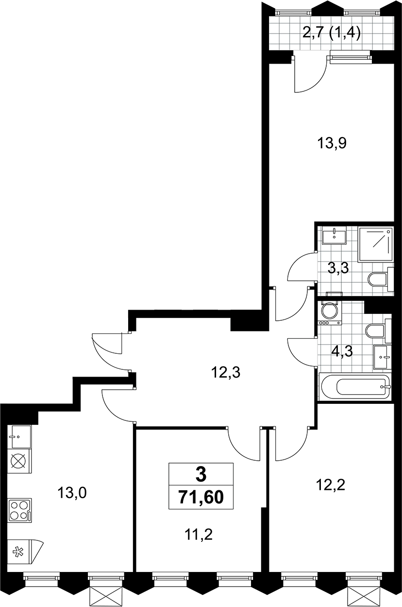 3-комн., 70.2 м², 11/11 этаж, ЖК «Деснаречье»