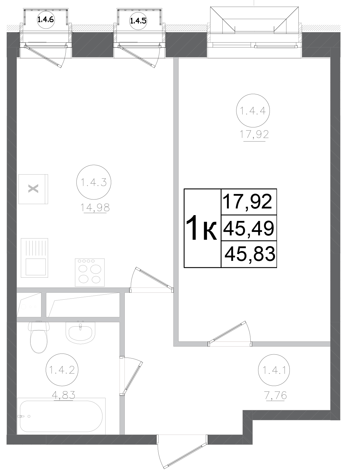 1-комн., 45.49 м², 3/15 этаж, ЖК «Авиатор-2»
