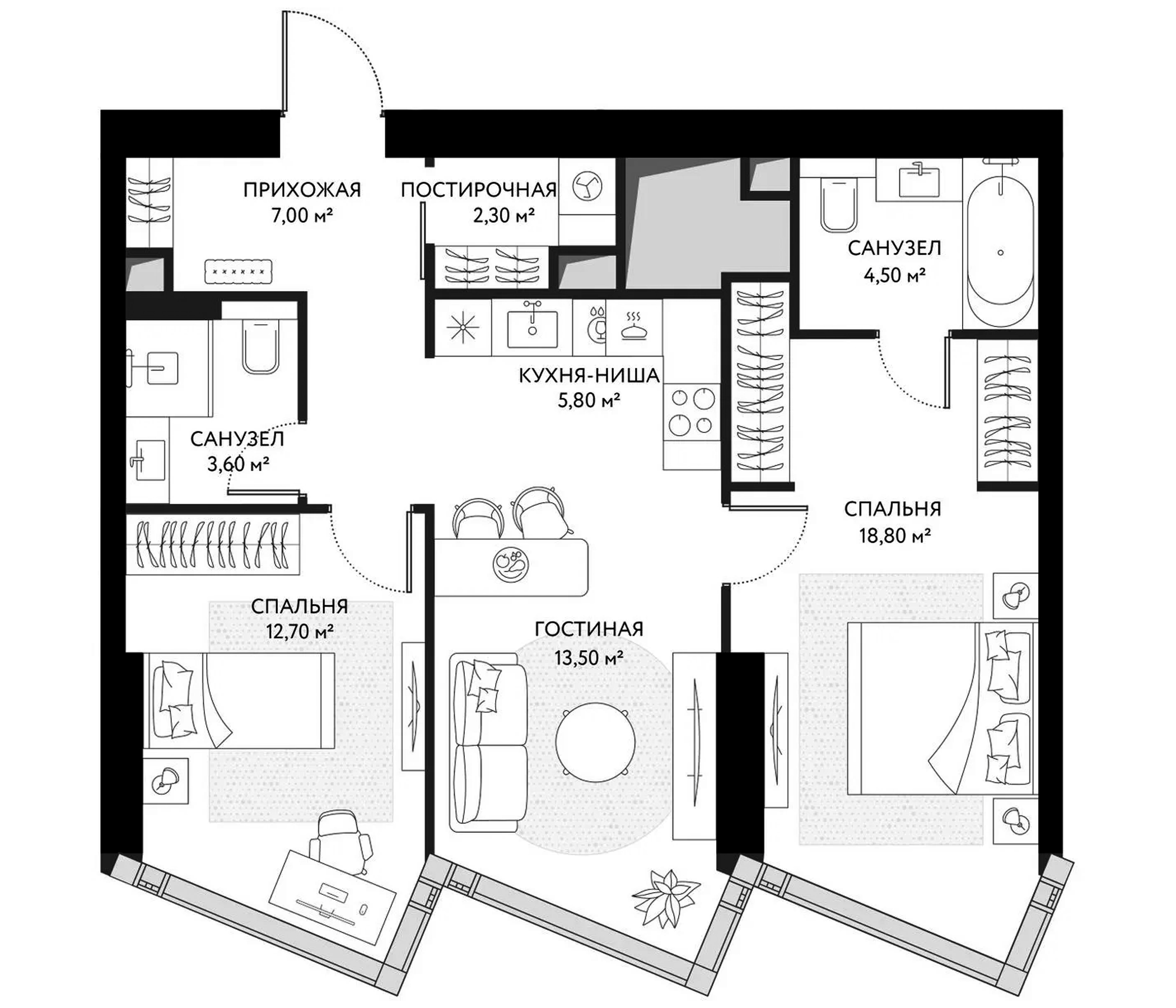3-комн., 69.7 м², 15/49 этаж, ЖК «ХАЙДАУТ»