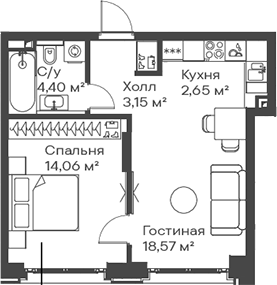 2-комн., 42.83 м², 3/15 этаж, ЖК «Сити Бэй»