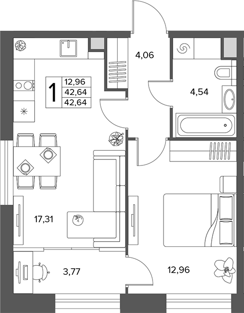 2-комн., 42.64 м², 2/16 этаж, ЖК «Городской бор»