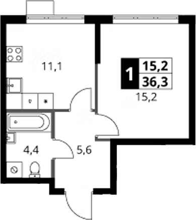 1-комн., 36.3 м², 5/18 этаж, ЖК «1-й Ясеневский»