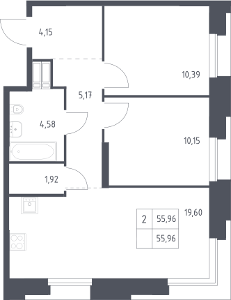3-комн., 55.96 м², 4/23 этаж, ЖК «Тропарево Парк»