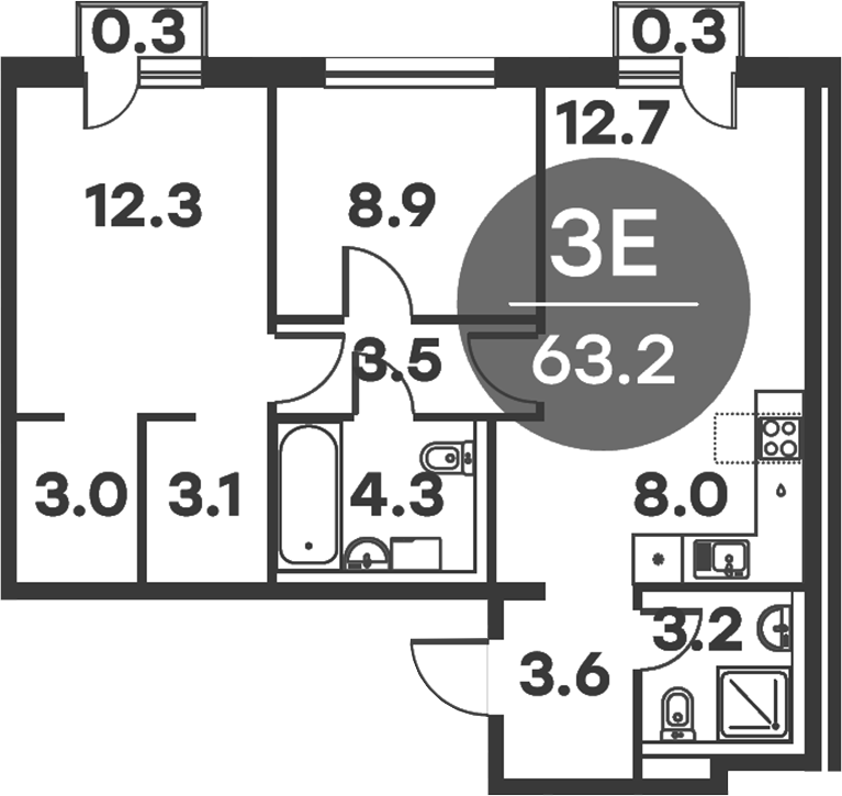 3-комн., 62.6 м², 2/6 этаж, ЖК «Равновесие»