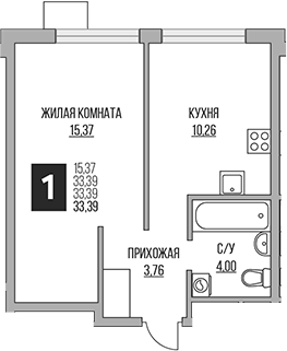 2-комн., 33.39 м², 10/12 этаж, ЖК «Гранель Притяжение Сити»