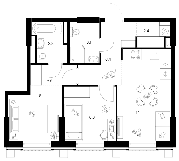 2-комн., 48.8 м², 1/17 этаж, ЖК «Москворечье»