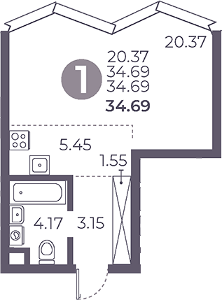 Студия, 34.69 м², 28/39 этаж, ЖК «Мневники от Гранель»