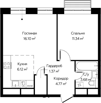 2-комн., 43.38 м², 20/22 этаж, ЖК «Новоград Павлино»