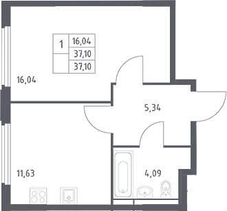 1-комн., 37.1 м², 15/16 этаж, ЖК «Космический Квартал»