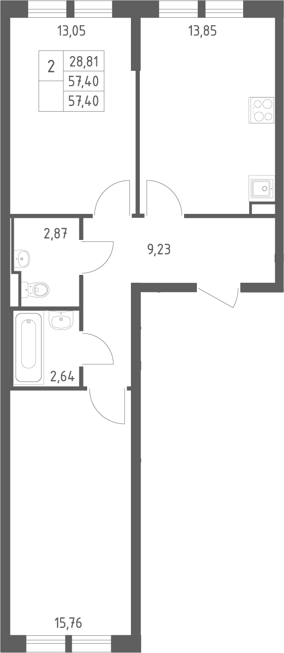 2-комн., 57.4 м², 5/12 этаж, ЖК «Остафьево»