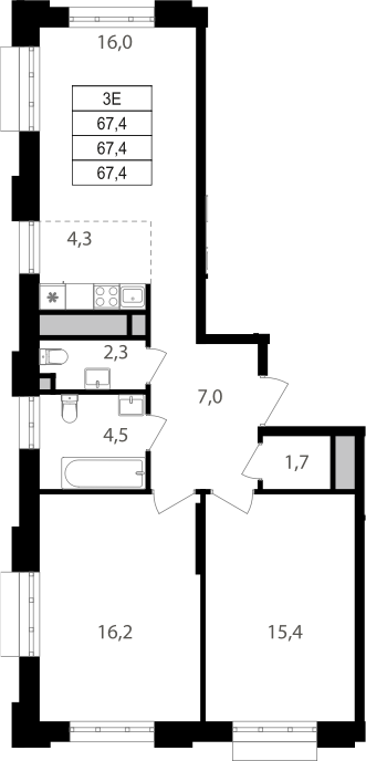 3-комн., 67.4 м², 19/20 этаж, ЖК «Михалковский»