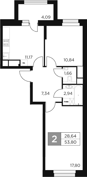 2-комн., 51.75 м², 4/15 этаж, ЖК «Восток 2»