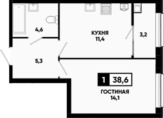 1-комн., 35.4 м², 1/16 этаж, ЖК «Кварталы 17/77»