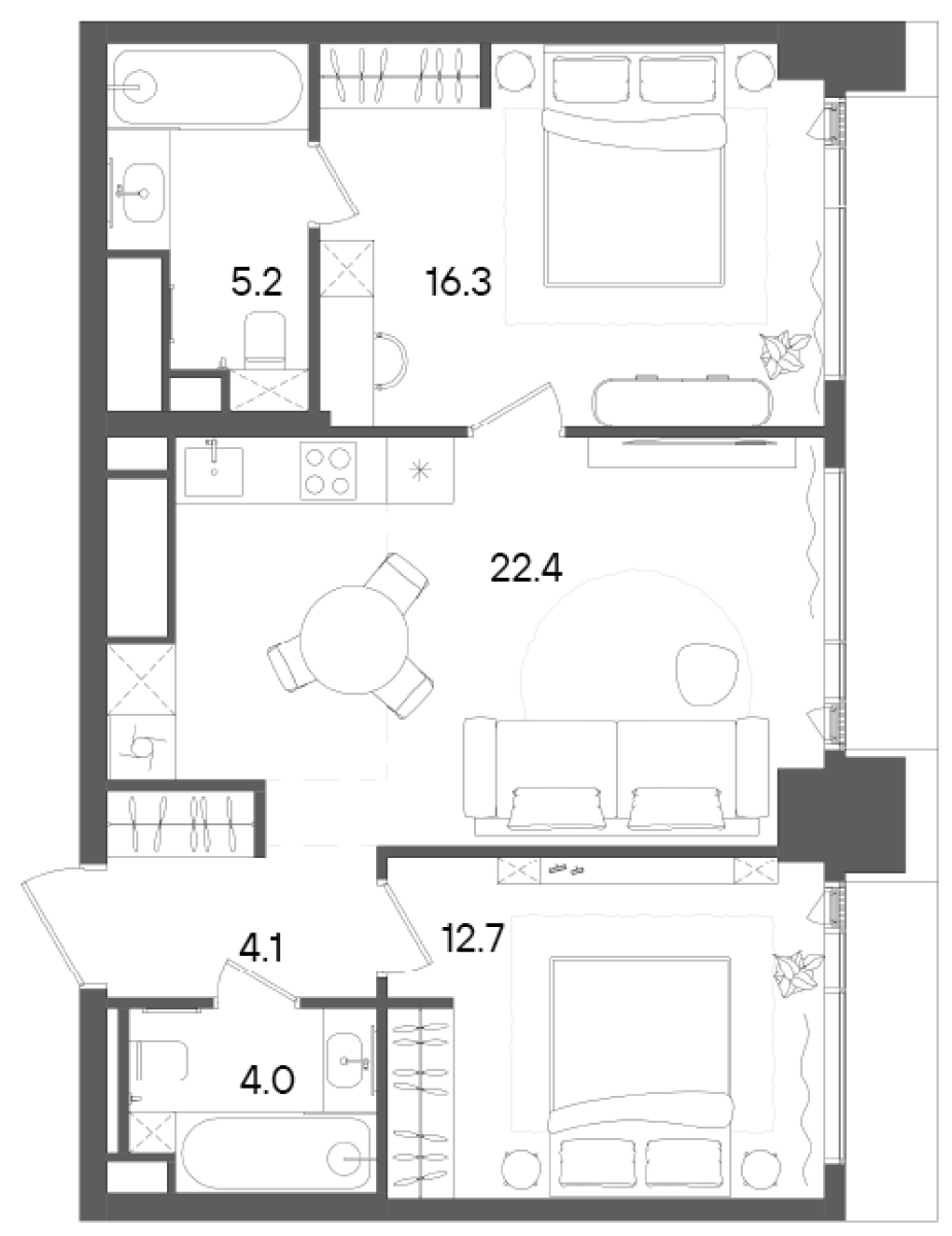 3-комн., 64.7 м², 39/45 этаж, ЖК «СТОУН Грэйн»
