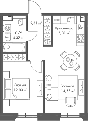 2-комн., 42.67 м², 6/22 этаж, ЖК «МИРА»
