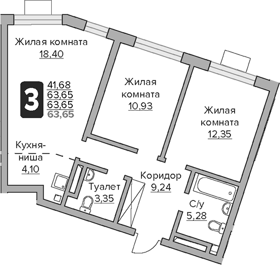 3-комн., 63.65 м², 31/32 этаж, ЖК «Гранель Тринити»