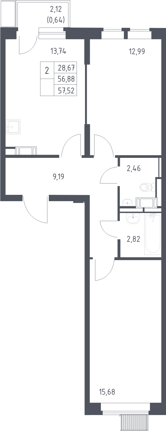 2-комн., 56.88 м², 7/16 этаж, ЖК «Большое Путилково»