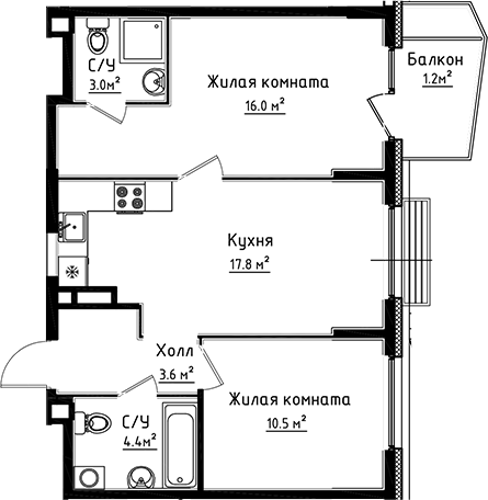 2-комн., 55.3 м², 2/8 этаж, ЖК «Коллекция»