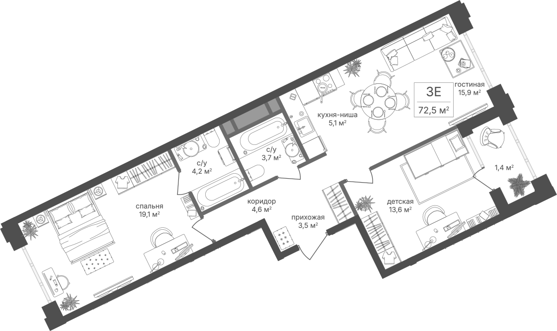 3-комн., 69.7 м², 3/20 этаж, ЖК «Михалковский»