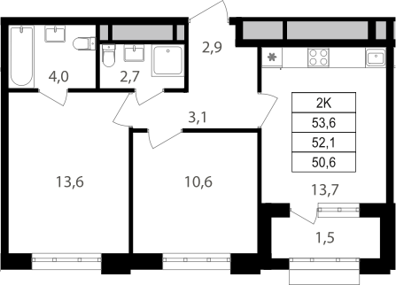 2-комн., 50.6 м², 19/20 этаж, ЖК «Михалковский»