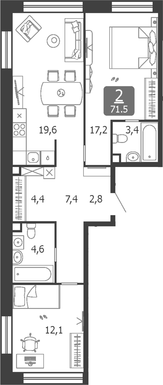 3-комн., 71.5 м², 5/19 этаж, ЖК «Шагал»