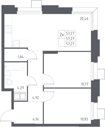 3-комн., 57.27 м², 16/23 этаж, ЖК «Тропарево Парк»