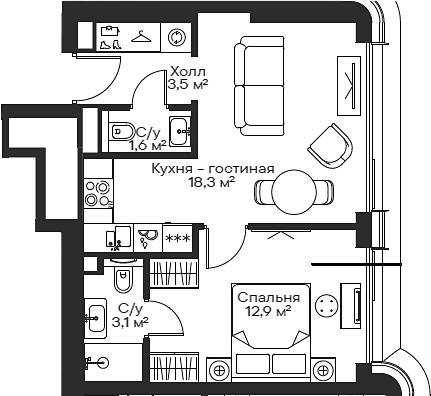 2-комн., 39.4 м², 34/54 этаж, ЖК «Сити Бэй»