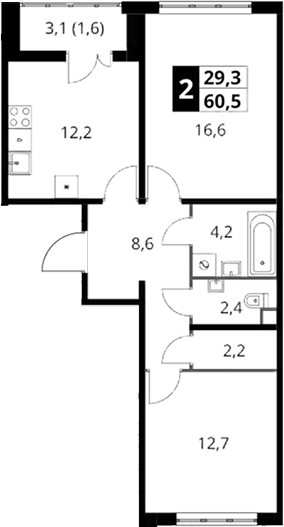 2-комн., 58.9 м², 10/23 этаж, ЖК «Южная Битца»