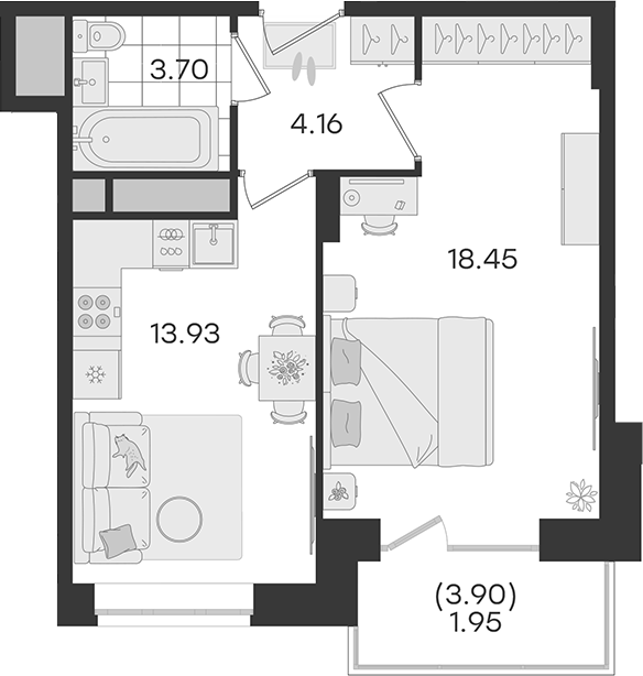1-комн., 40.24 м², 17/20 этаж, ЖК «Новый Весенний»