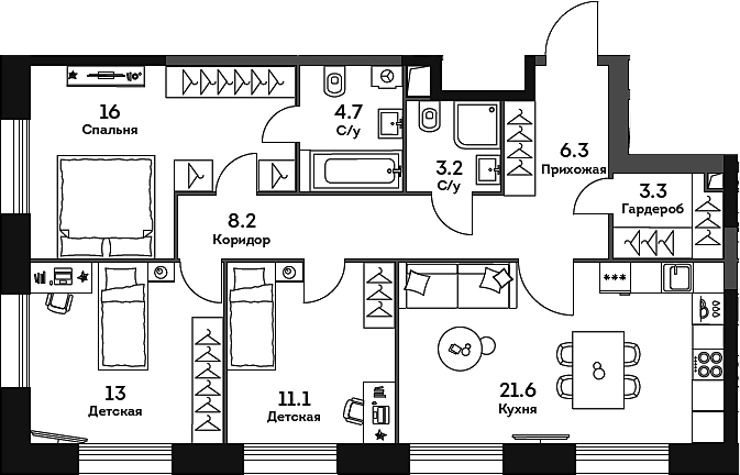 3-комн., 87.4 м², 13/32 этаж, ЖК «ЭРА»