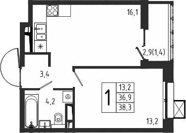 1-комн., 36.9 м², 6/10 этаж, ЖК «Берег»