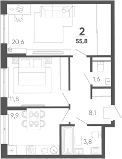2-комн. квартира, 55.8 м² в ЖК Барса — фото 2
