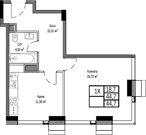1-комн., 44.7 м², 18/35 этаж, ЖК «Мираполис»